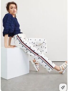 Maeve White Track Pants with Navy & Red Side Stripe